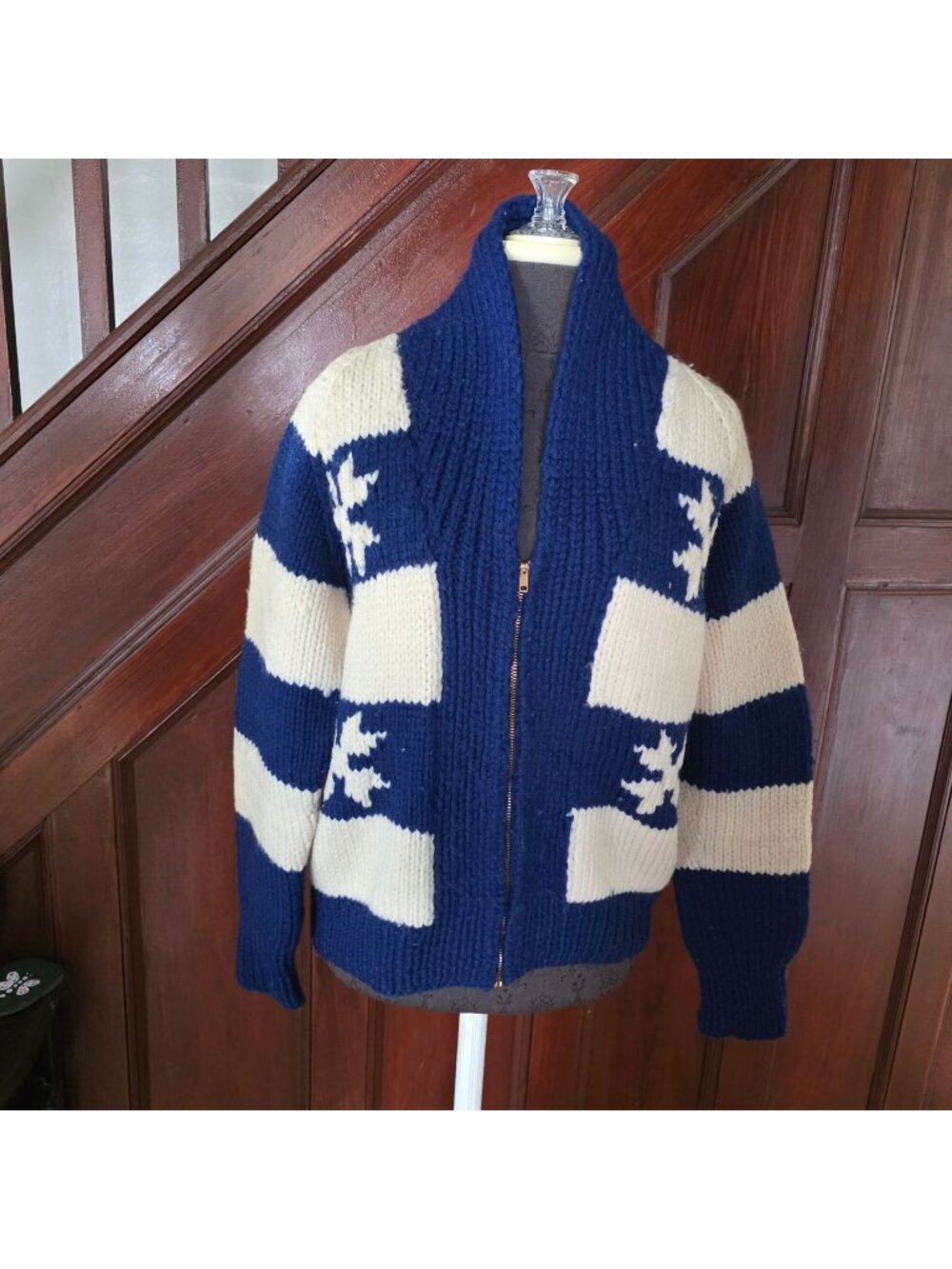 Vintage Hand-Knit Wool Zipper Cardigan Sweater Blue & Cream Snowflake Pattern Wi